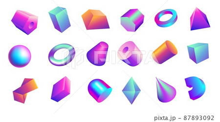 Gradient 3D shapes. Bright gradient geometric figures. Iridescent sphere cylinder and parallelepiped. Glossy pyramid. Holographic cone or ring. Sparkling cube. Vector abstract forms set 87893092