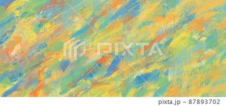 油絵抽象アート横長背景）黄色基調のエネルギッシュでラフな筆跡
