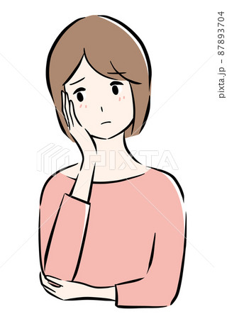 頬に手を当てて悩んでいる若い女性のイラスト 頬に手を当てて悩んでいる若い女性のイラスト 87893704