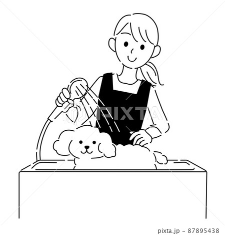 シャンプーされる犬のイラストのイラスト素材