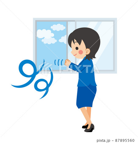 窓を開けて部屋の空気の入れ替えをしている可愛い若い女性教師のイラスト　白背景　換気　クリップアート 87895560