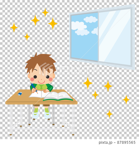 一個可愛的小學男孩在通風良好的教室上課的插圖白色背景剪貼畫 87895565