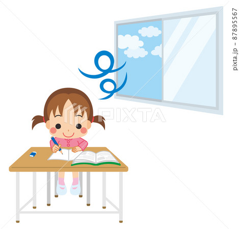 窓を開けて換気をしている教室で授業を受ける可愛い小学生の女の子のイラスト 白背景 クリップアートのイラスト素材
