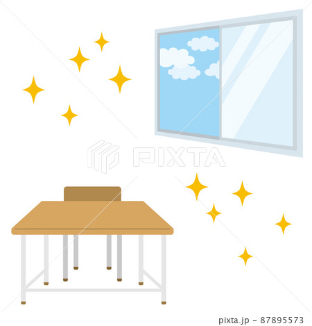 窓を開けて換気をして風通しの良い教室の光景のイラスト 白背景 クリップアート 人物なし シンプルのイラスト素材