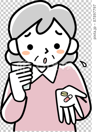 薬をのむのを嫌がるシニア女性の上半身 87897797