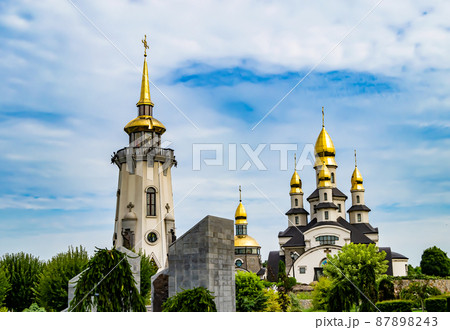 Christian church cross in high steeple tower for prayer 87898243