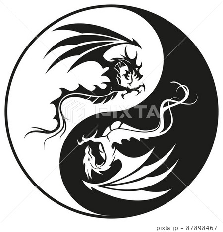Dragons in Yin and yang circle - Dragon symbol tattoo, black and white vector illustration 87898467