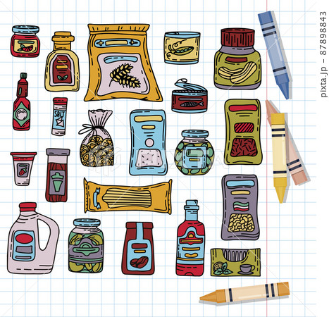 Vector doodle grocery store products. Hand drawn scetch icons. Food and drink. Natural canned, bakery and cereal products 87898843