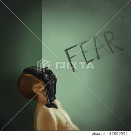Drawing of a young man whose face is covered with a black substance. 87899592