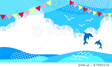 夏の海と入道雲　イルカとガーランドのある背景イラスト 87900316