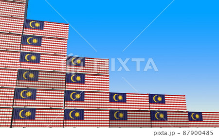 Containers with flag of Malaysia represent declining trend. Economic or export crisis concept. 3D rendering Containers with flag of Malaysia represent declining trend. Economic or export crisis concept. 3D rendering 87900485
