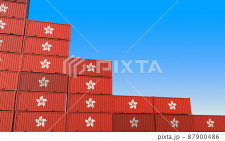 Containers with flag of Hong Kong represent declining trend. Economic or export crisis concept. 3D rendering Containers with flag of Hong Kong represent declining trend. Economic or export crisis concept. 3D rendering 87900486