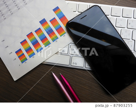 グラフ、パソコン、スマホのビジネスイメージ (女性) 87903255