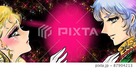 70年代少女漫画クールなイケメン王子と見つめる金髪縦ロールお姫様のイラスト 87904213