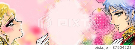 70年代少女漫画クールなイケメン王子と見つめる金髪縦ロールお姫様のイラストのイラスト素材