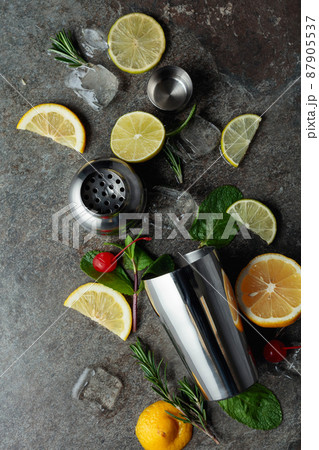 Shaker with ingredients for making cocktails. 87905537
