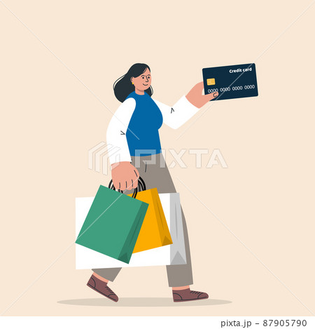Shopaholic, spending money concept. Young girl holding bags. Fast fashion, consumerism and over consumption concept. Big sale, discount, fashion. 87905790