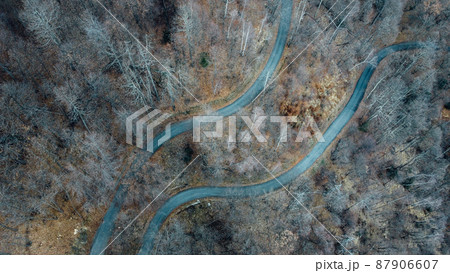 Narrow road in misty forest, aerial view. Narrow road in misty forest, aerial view. 87906607