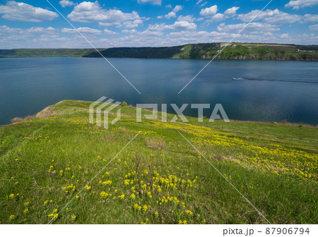 Amazing spring view on the Dnister River Canyon, Bakota Bay, Chernivtsi region, Ukraine. 87906794