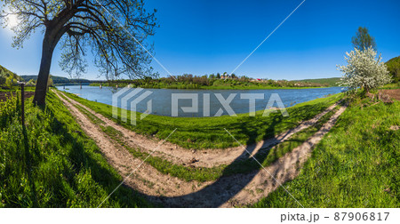 Amazing spring view on the Dnister River Canyon. View from Nezvysko village blossoming river coast,.Ivano-Frankivsk region, Ukraine 87906817