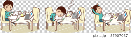 一個年輕人在桌子上學習的插圖。 一個年輕人在桌子上學習的插圖。 87907087