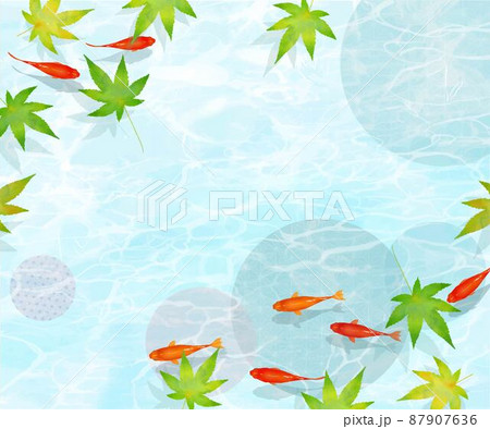 楓の葉の下綺麗な水の中を黒と赤の金魚が泳ぐかわいい和柄の入ったデザインベクター夏フレーム素材のイラスト素材