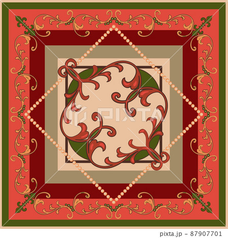 Silk scarf or kerchief Rococo style vector frame design. Floral vintage shawl background Silk scarf or kerchief Rococo style vector frame design. Floral vintage shawl background 87907701