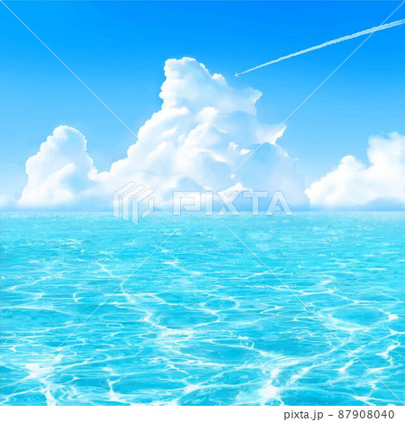 入道雲の青い空に飛行機雲の飛ぶ海のゆらめく波の夏イメージの美しいフレームイラスト素材 87908040
