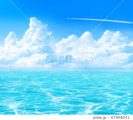 飛行機雲のかかる空ー入道雲の青い空と海のゆらめく波の夏イメージの