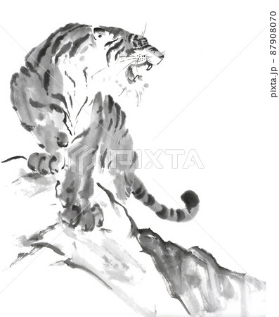 虎の図　　水墨画 水墨画 虎「眼光」トラ 絵画 壁掛け 85cm×72cm モダン 額絵