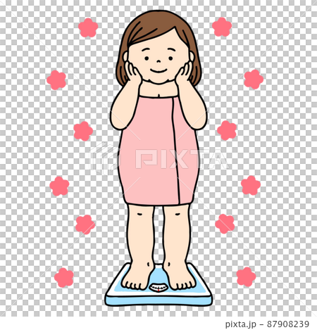 一個穿著浴巾的胖女人在秤上微笑。 87908239