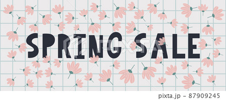 Hello Spring hand logotype, badge typography icon. Lettering spring season with leaf for greeting card, invitation template. Retro, vintage lettering banner poster template background, Sale, offer 87909245