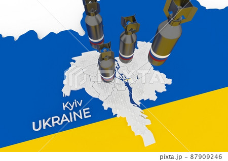 3d stylized schemitic map of Kyiv Kiev capital cyty of Ukraine with bombs fallin on it 87909246