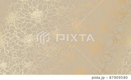 Digital vector illustration - golden chrysanthemum flowers in hand drawn line art on beige background. Luxurious art deco wallpaper design for print, poster, cover, banner, fabric, invitation. 87909580