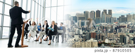 Group of business people meeting in a seminar conference widen view Group of business people meeting in a seminar conference widen view 87910505