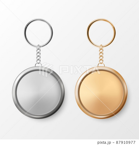 Vector 3d Realistic Round Keychain, Silver and Golden Ring and Chain for Key Isolated on White. Button Badge with Ring. Plastic, Metal ID Badge with Chains Key Holder, Design Template, Mockup Vector 3d Realistic Round Keychain, Silver and Golden Ring and Chain for Key Isolated on White. Button Badge with Ring. Plastic, Metal ID Badge with Chains Key Holder, Design Template, Mockup 87910977