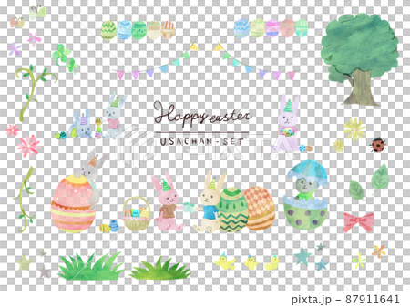 イースターを祝ううさぎと装飾のイラストセット イースターを祝ううさぎと装飾のイラストセット 87911641
