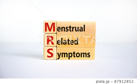 Medical and MRS, menstrual related symptoms symbol. Wooden blocks with the word 'MRS, menstrual related symptoms'. Beautiful white background. Copy space. Medical, MRS concept. Medical and MRS, menstrual related symptoms symbol. Wooden blocks with the word 'MRS, menstrual related symptoms'. Beautiful white background. Copy space. Medical, MRS concept. 87912852