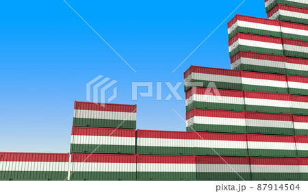 Industrial containers with flags of Hungary making a rising graph. Economic growth related 3D rendering Industrial containers with flags of Hungary making a rising graph. Economic growth related 3D rendering 87914504