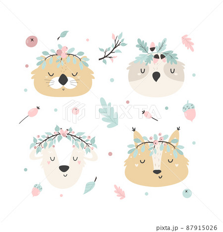 Cute design with adorable animal faces in pastel colors Cute design with adorable animal faces in pastel colors 87915026