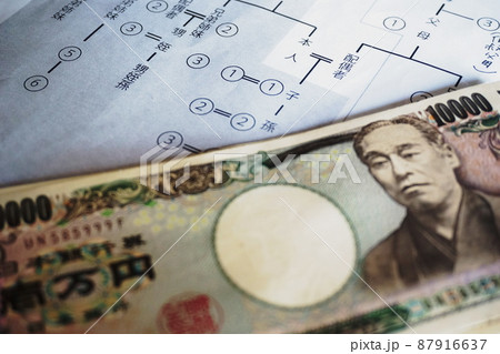 等親図と、等親図の上に置かれた1万円札、相続イメージ 等親図と、等親図の上に置かれた1万円札、相続イメージ 87916637