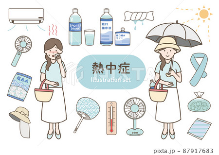 熱中症のイラストセット（若い女性バージョン） 87917683