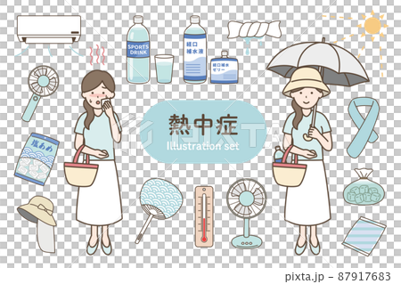 熱中症のイラストセット（若い女性バージョン） 87917683