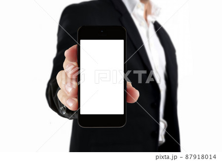businessman in black suit showing blank screen smartphone businessman in black suit showing blank screen smartphone 87918014
