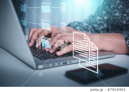 Document Database Management Storage on Digital Cloud Computing Network System. Businesswoman Woking on Laptop Computer While Managing Corporate Documentation Files. Technology Digital Transformation Document Database Management Storage on Digital Cloud Computing Network System. Businesswoman Woking on Laptop Computer While Managing Corporate Documentation Files. Technology Digital Transformation 87919401