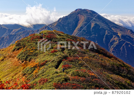 越後駒ヶ岳山頂の紅葉と中ノ岳の眺め 87920102