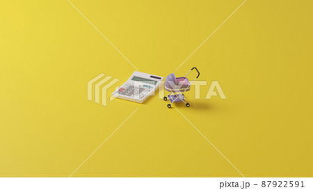 平面上に置かれたミニチュアのベビーカーと電卓の3Dレンダリングイラスト 平面上に置かれたミニチュアのベビーカーと電卓の3Dレンダリングイラスト 87922591