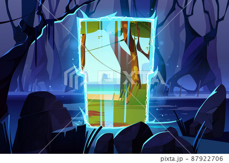 Dark night forest with magic portal to alien world Dark night forest with magic portal to alien world 87922706