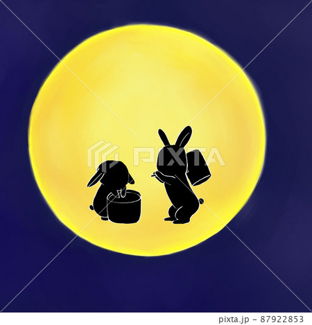 ウサギの餅つき 月に映るシルエットイラストのイラスト素材
