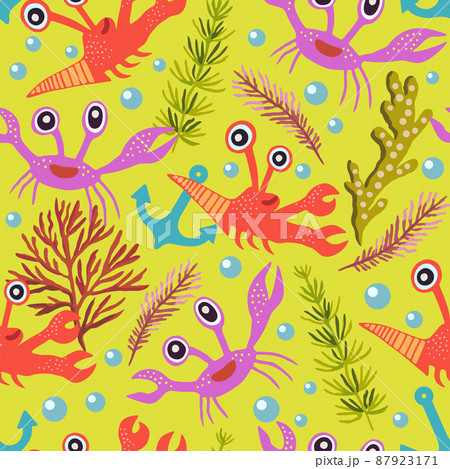 Cute seamless pattern with crabs.Cartoon doodle print with happy sea creatures for children and nursery textile and decor. 87923171
